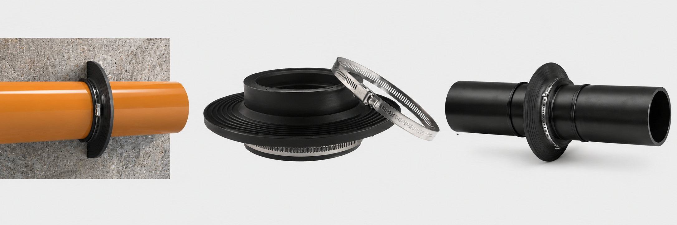 Collare passamuro semplice PIPPO in gomma elastomerica con fascetta inox per la sigillatura di tubazioni attraverso pareti in calcestruzzo
